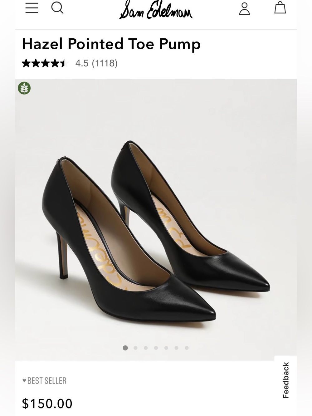 Sam Edelman Hazel Pump-Black Leather, US 6.5 M